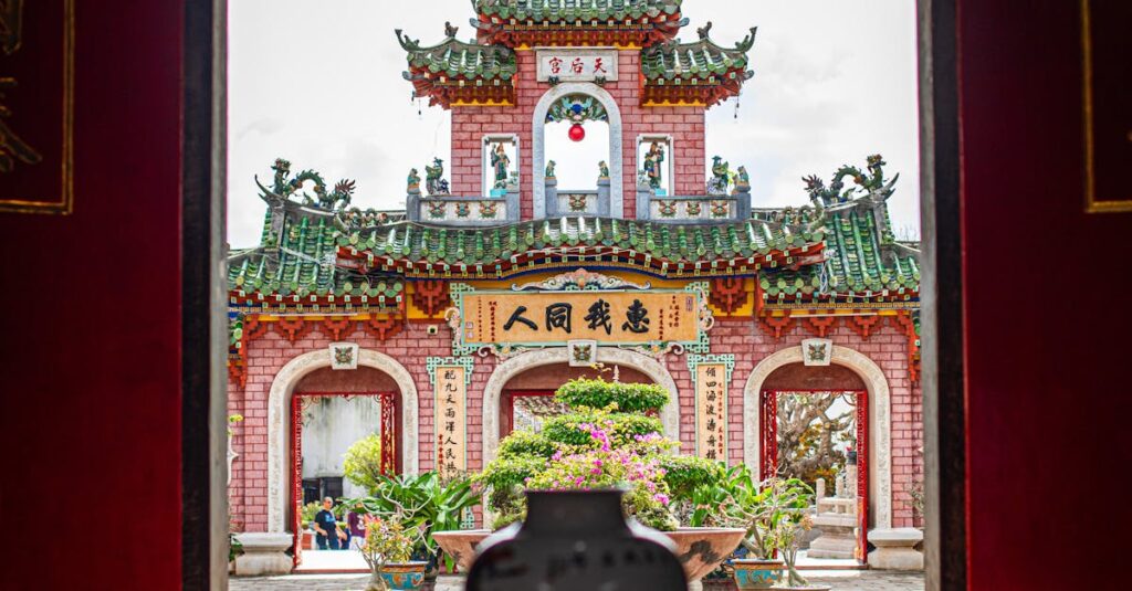 Explore the intricate design of a historic temple in Hội An, Vietnam, captured from indoors.