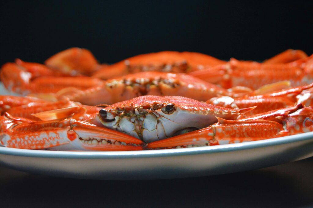 A mouthwatering presentation of cooked crabs served on a plate, ideal for seafood lovers.